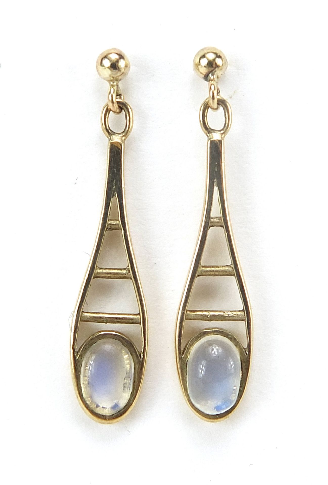 Pair of unmarked gold cabochon opal drop earrings, tests as 9ct gold, 28mm high, 2.1g