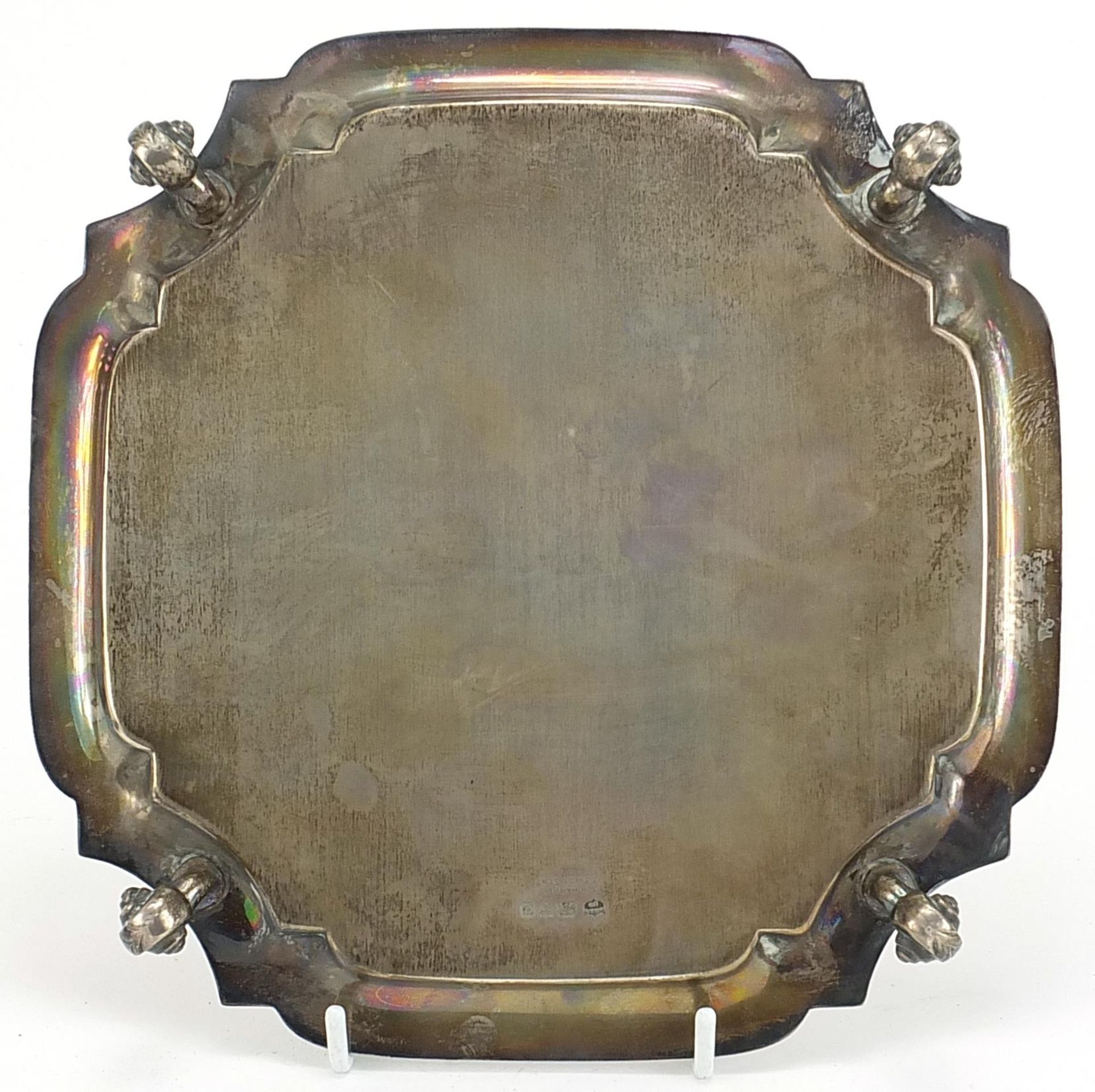 S Blanckensee & Son Ltd, George V square silver salver raised on four scroll feet, Chester 1930, - Image 2 of 3