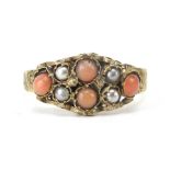 Victorian yellow metal ring set with coral and seed pearls with engraved shoulders, size Q, 1.9g