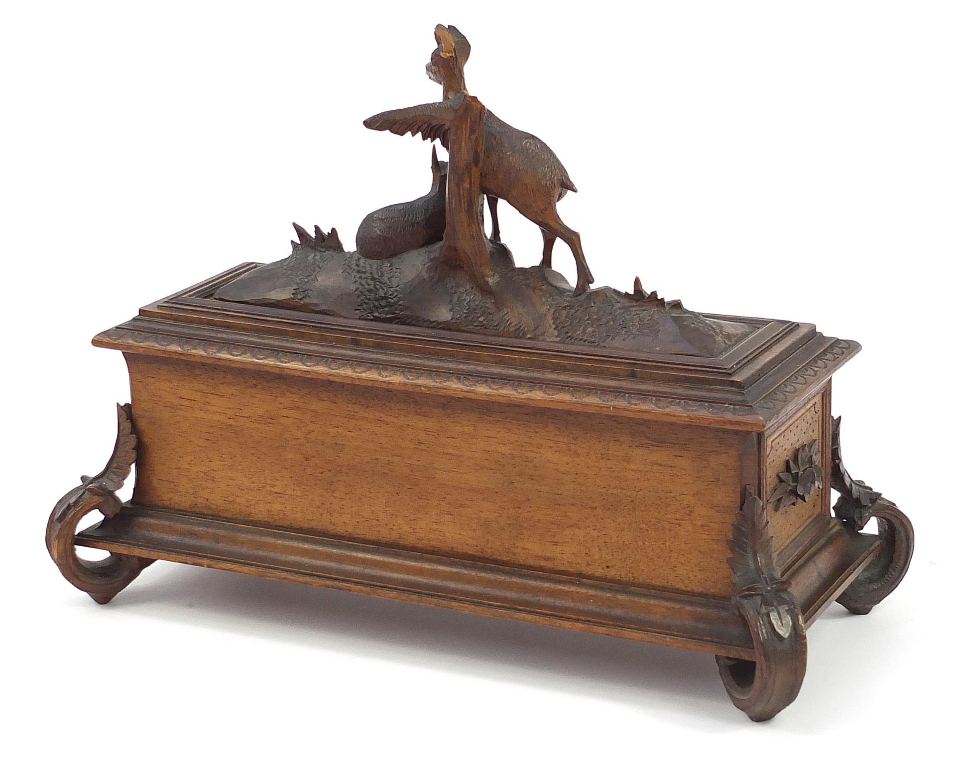 Black Forest table casket with silk button back interior carved with two deer and foliage, 29.5cm - Image 2 of 3
