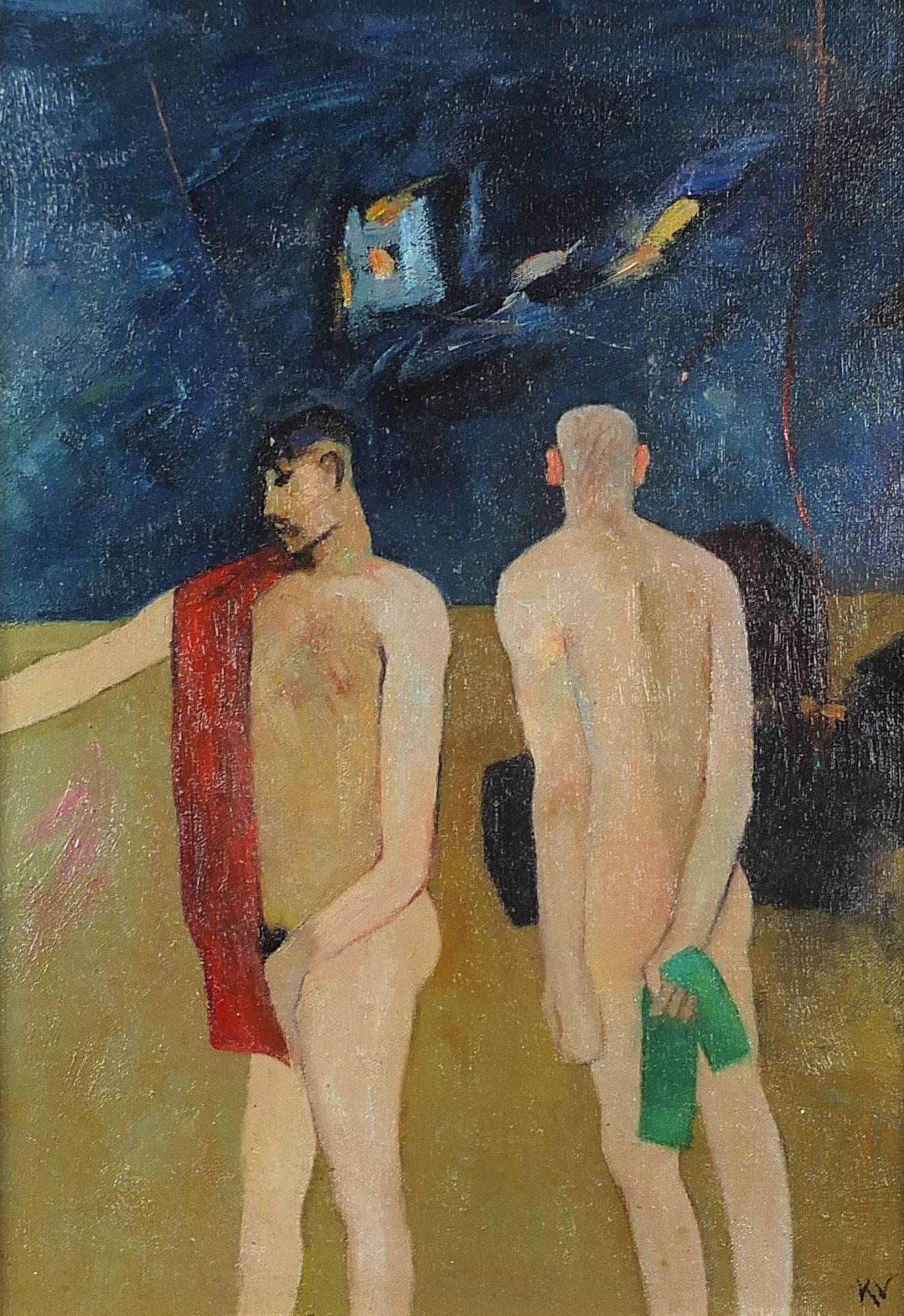 Manner of Keith Vaughan - Two nude males, oil on board, framed, 40cm x 29cm excluding the frame