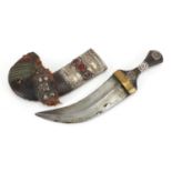 Omani Jambiya dagger with silver mounted leather sheath inset with three agate type panels, 27cm