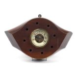 Military interest hardwood propeller converted to wall barometer with enamelled dial, 38cm wide