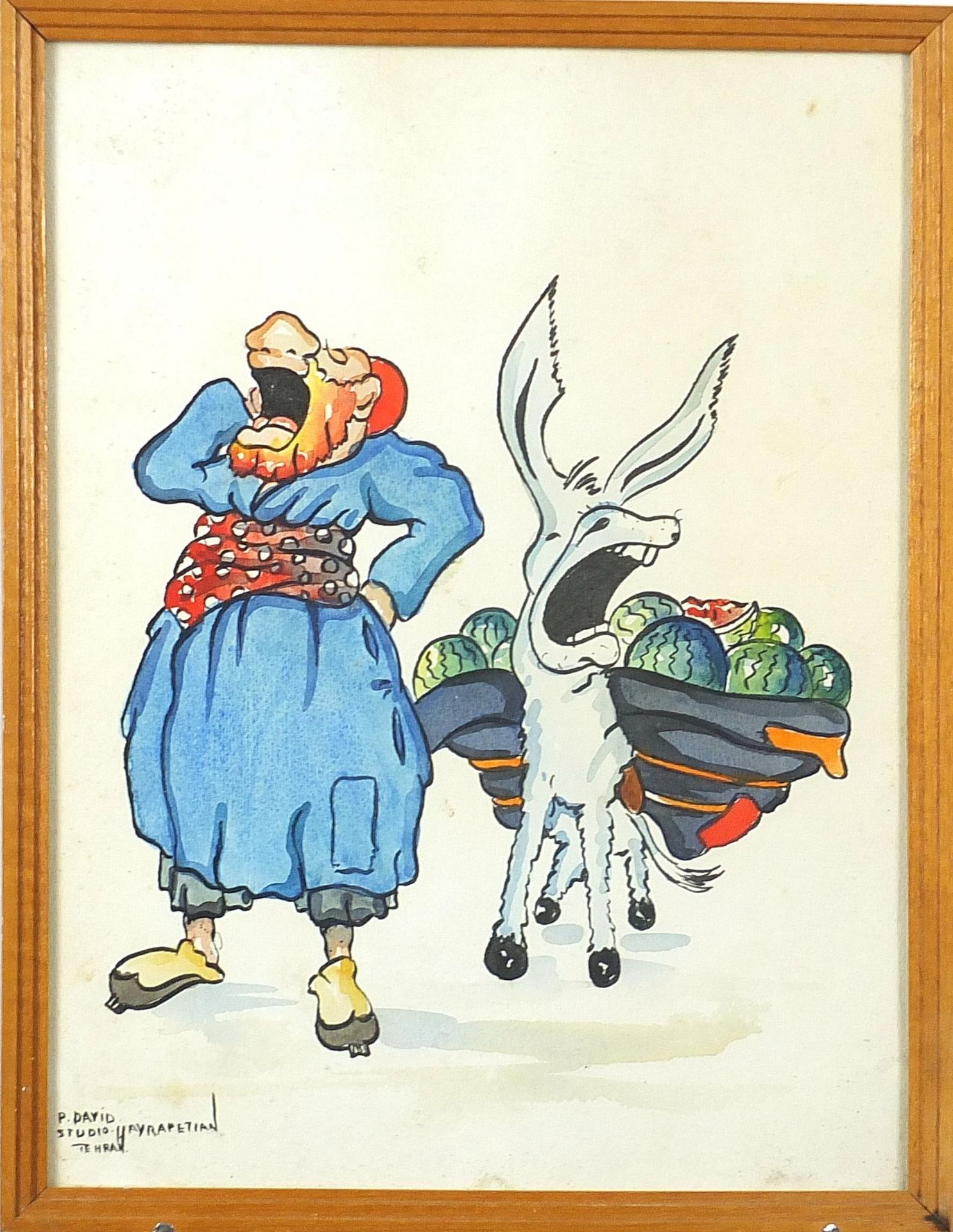 P David - Figure with a donkey and figure smoking, pair of Iranian watercolours each inscribed - Bild 3 aus 9