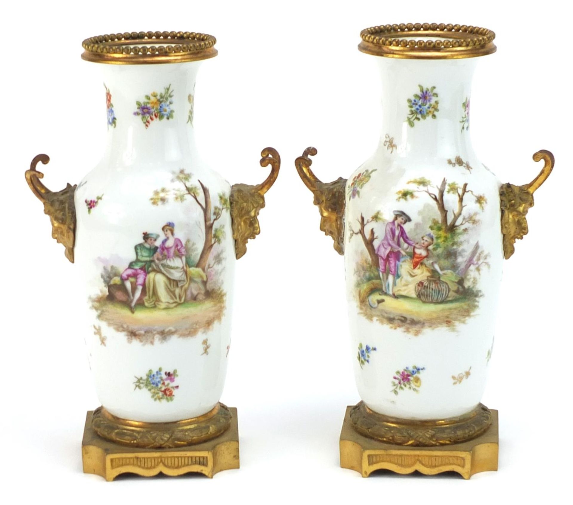 Sevres, pair of 19th century French porcelain vases with Ormolu mounts and twin handles, each hand