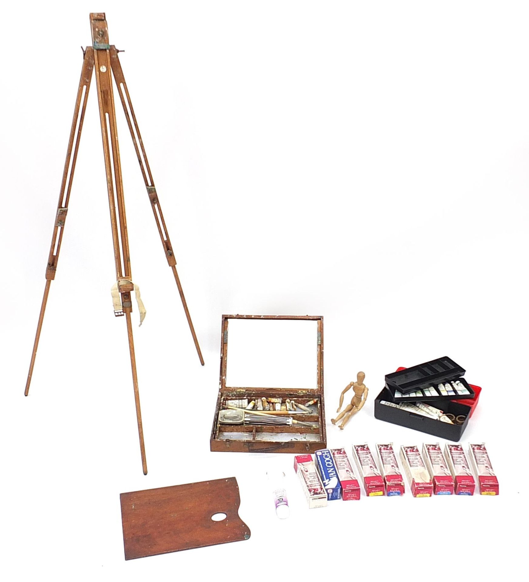Artist's paints and equipment including a Winsor & Newton easel, paints, palette and jointed mannequ