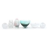 Art glassware including a pair of Kosta Boda candleholders, Mdina vase and large Caithness bowl, the