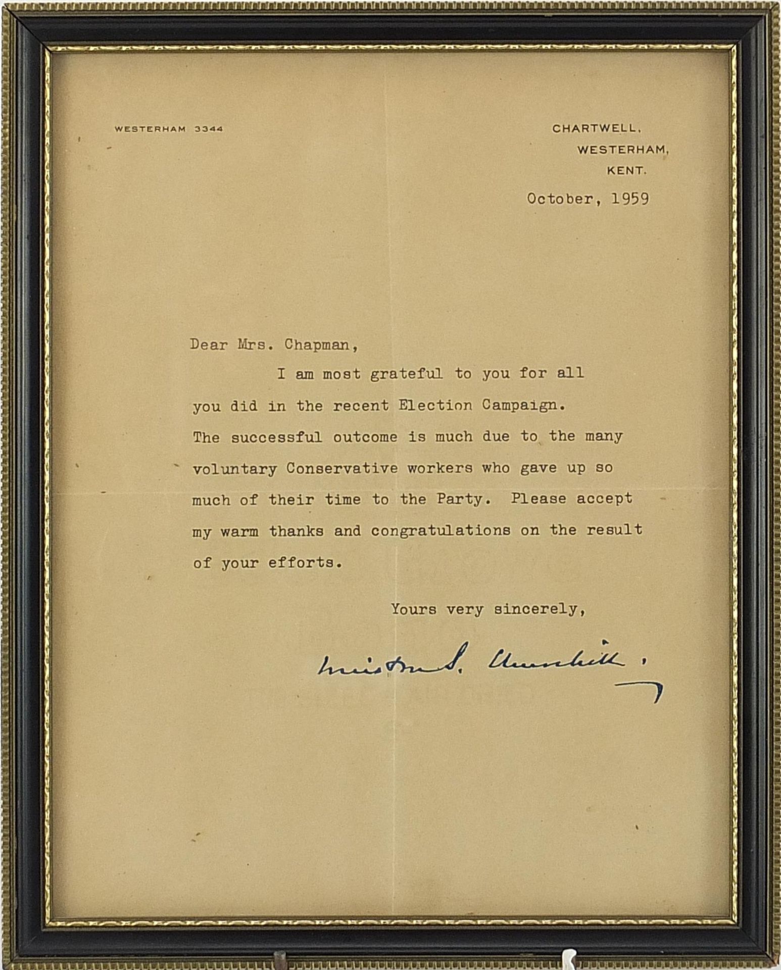 Sir Winston Churchill typed letter to Mrs Chapman, signed in ink by Sir Winston Churchill on - Image 2 of 3