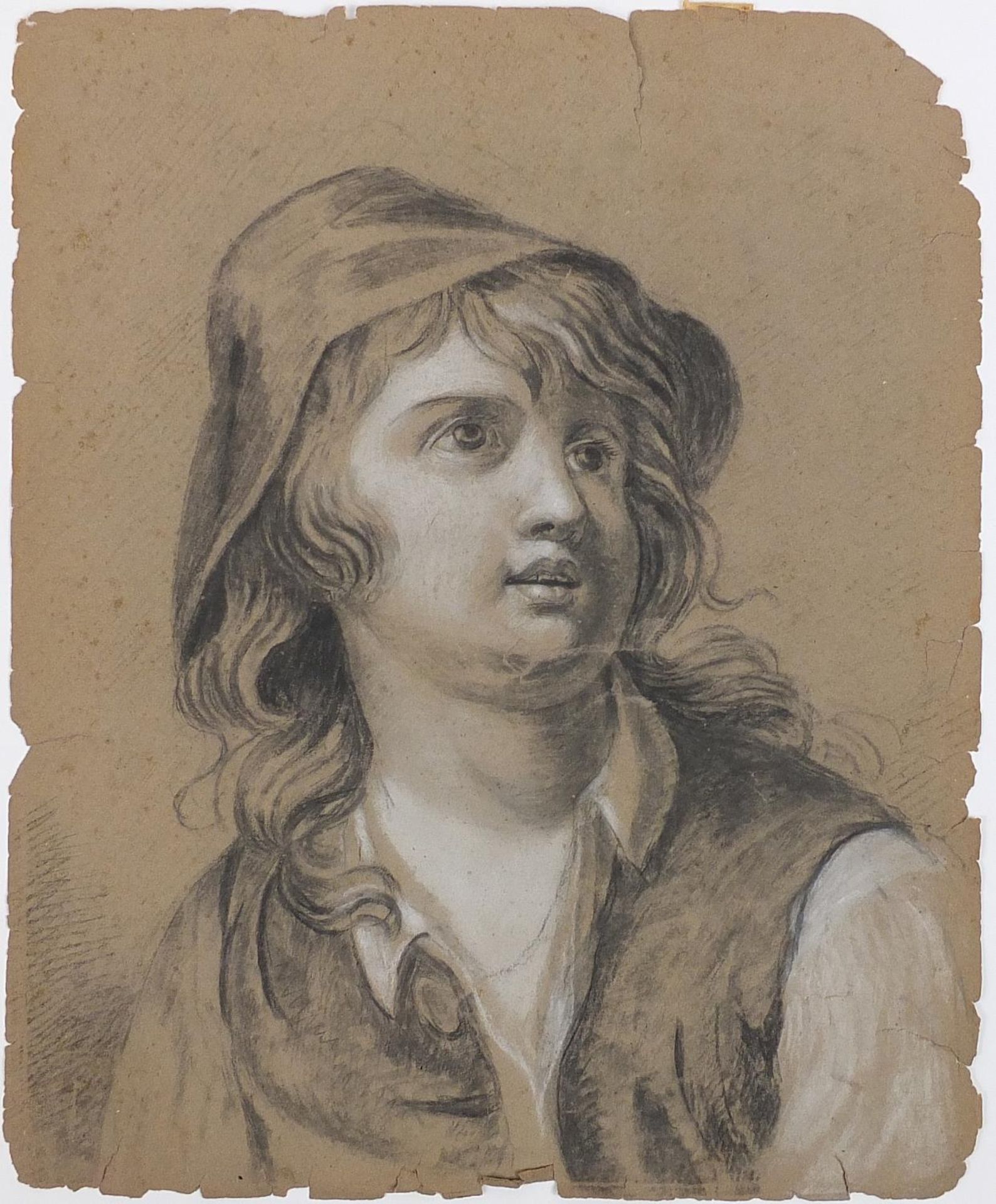 Head and shoulders portrait of a child wearing a hat, antique French school heightened charcoal on - Image 2 of 4