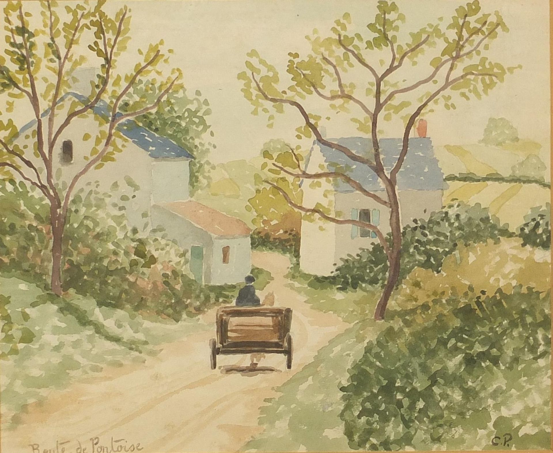 Horse and cart on a path, French school watercolour, chalk marks and The Rowley Gallery label verso,