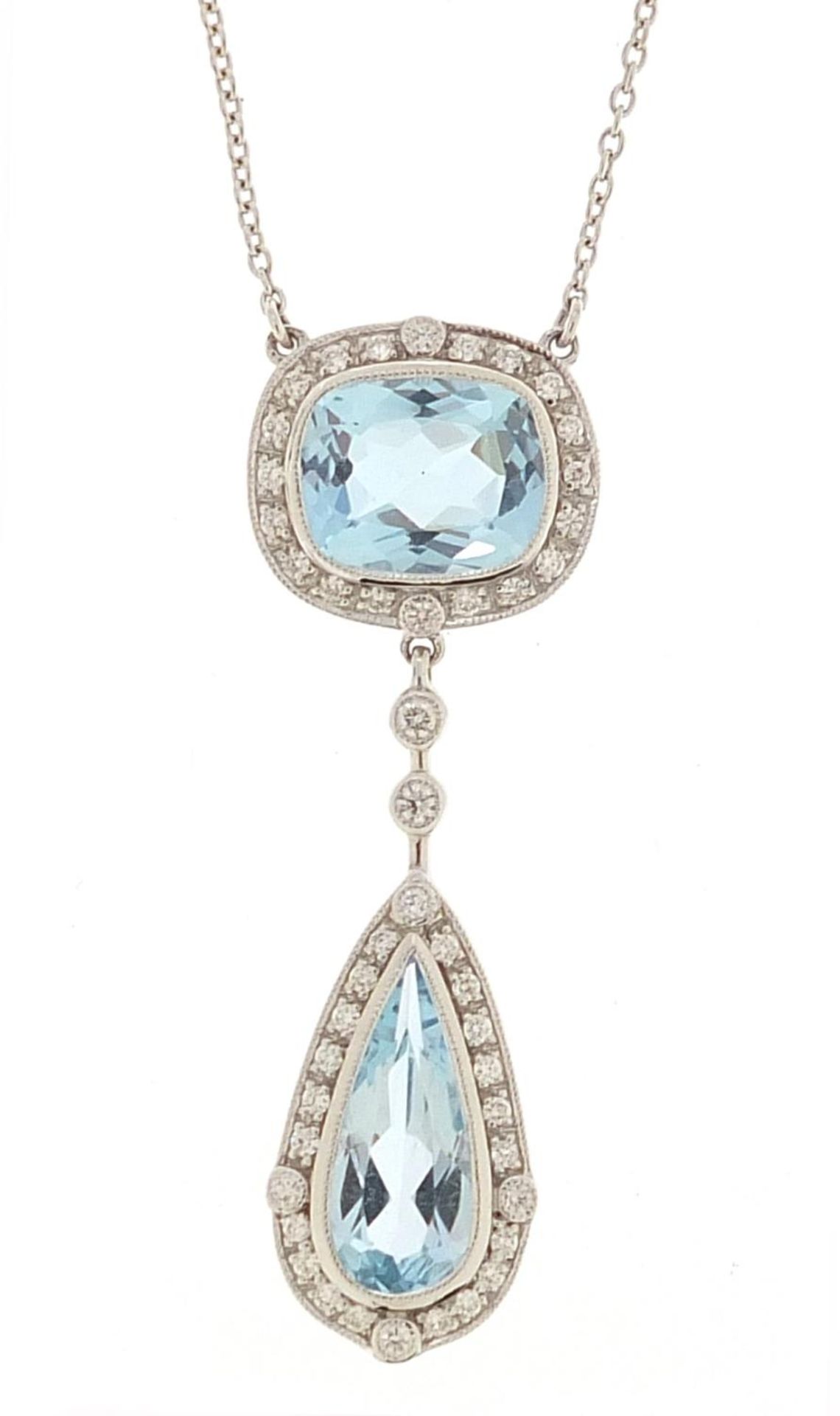 Art Deco style 18ct white gold blue topaz and diamond necklace, total topaz weight approximately 5.