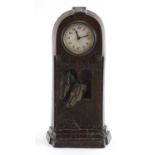 Art Deco style bronzed mantle clock decorated with two horse heads, the circular dial with Arabic