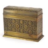 Victorian brass desk letter rack with hinged lid embossed with flowers, 17cm H x 22cm W x 10cm D