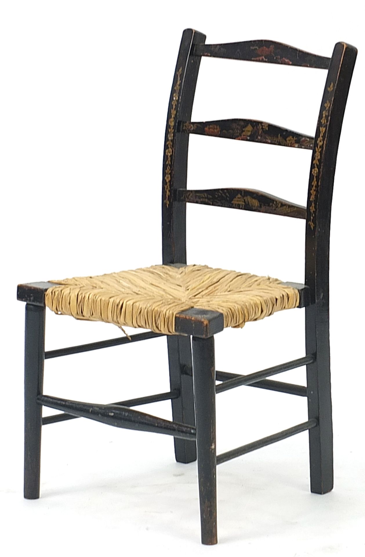 Chinese black lacquered chinoiserie child's chair with wicker seat, 63cm high