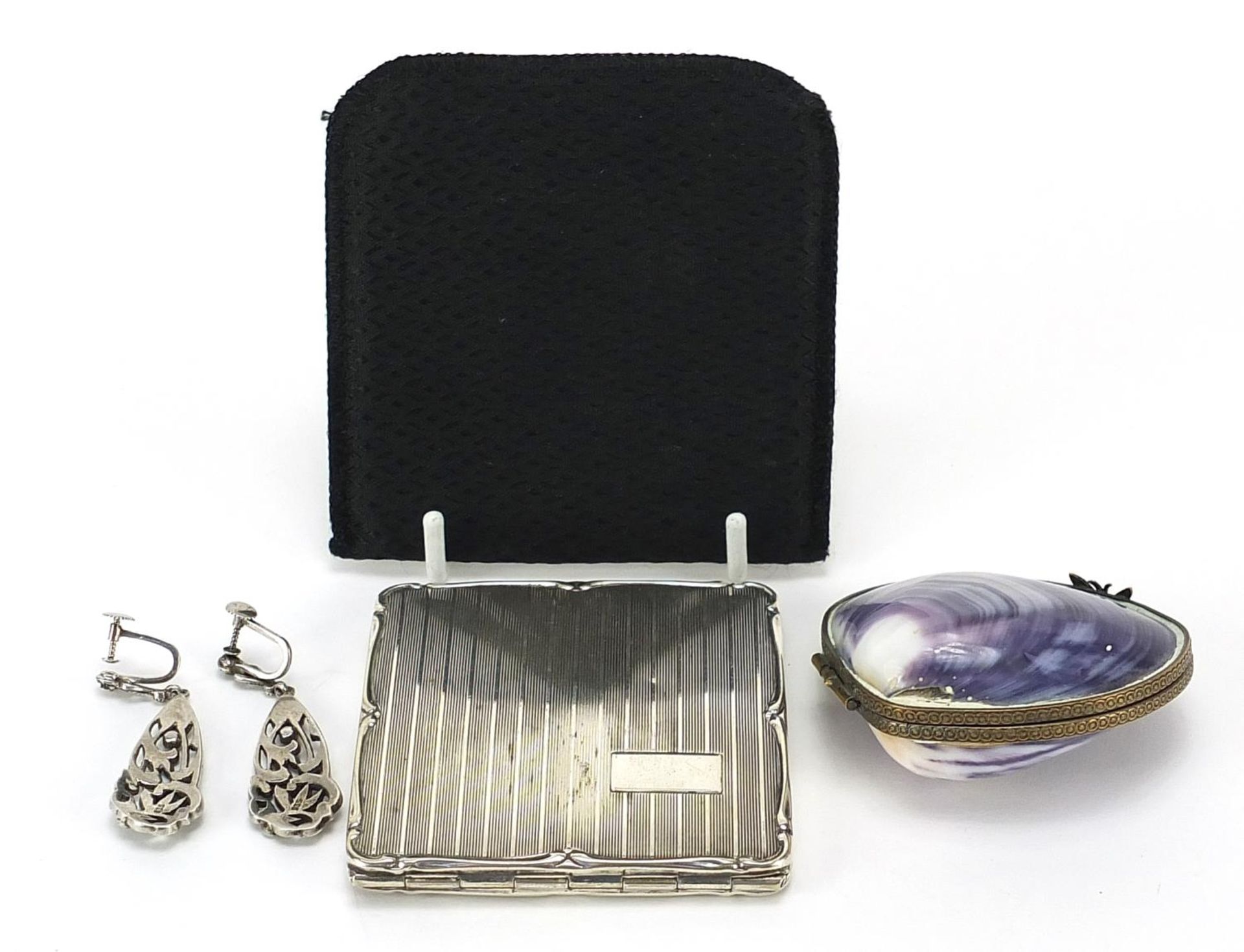 Jewellery and objects comprising pair of silver marcasite drop earrings, white metal compact and - Image 2 of 4