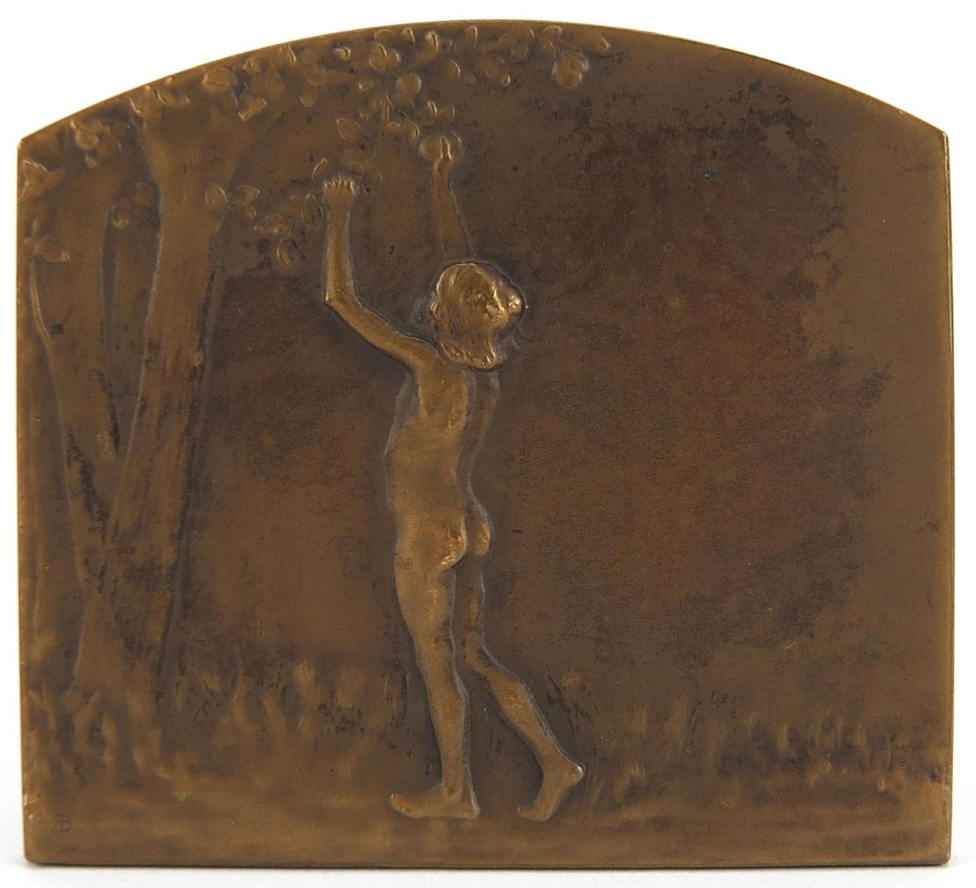 Rene Baudichon, French Art Nouveau bronze double sided plaque of a couple and a nude young female, - Image 3 of 3