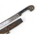 Islamic shamshir with leather scabbard, horn handle and steel blade engraved with script, the handle