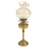 Brass oil lamp with etched glass shade, the brass reservoir impressed Duplex, 60cm high