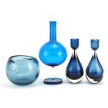 Kosta Boda, Swedish glassware including pair of candleholders, decanter and vase, the largest 25cm