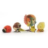 Three vintage Steiff chicks and a chicken, the largest 5.5cm high