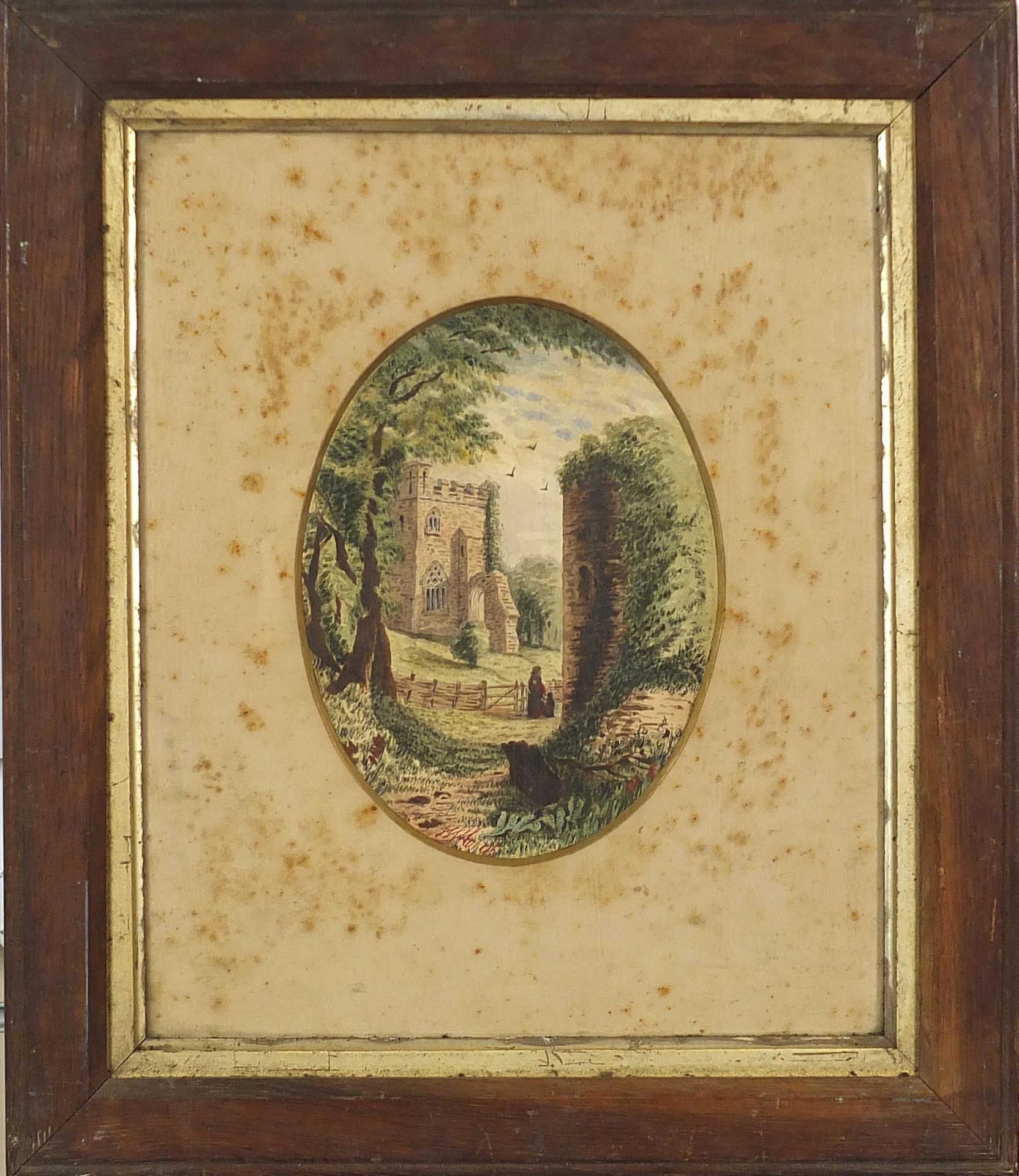 Mother and child before church ruins, 19th century oval watercolour, indistinctly signed, mounted, - Image 2 of 3