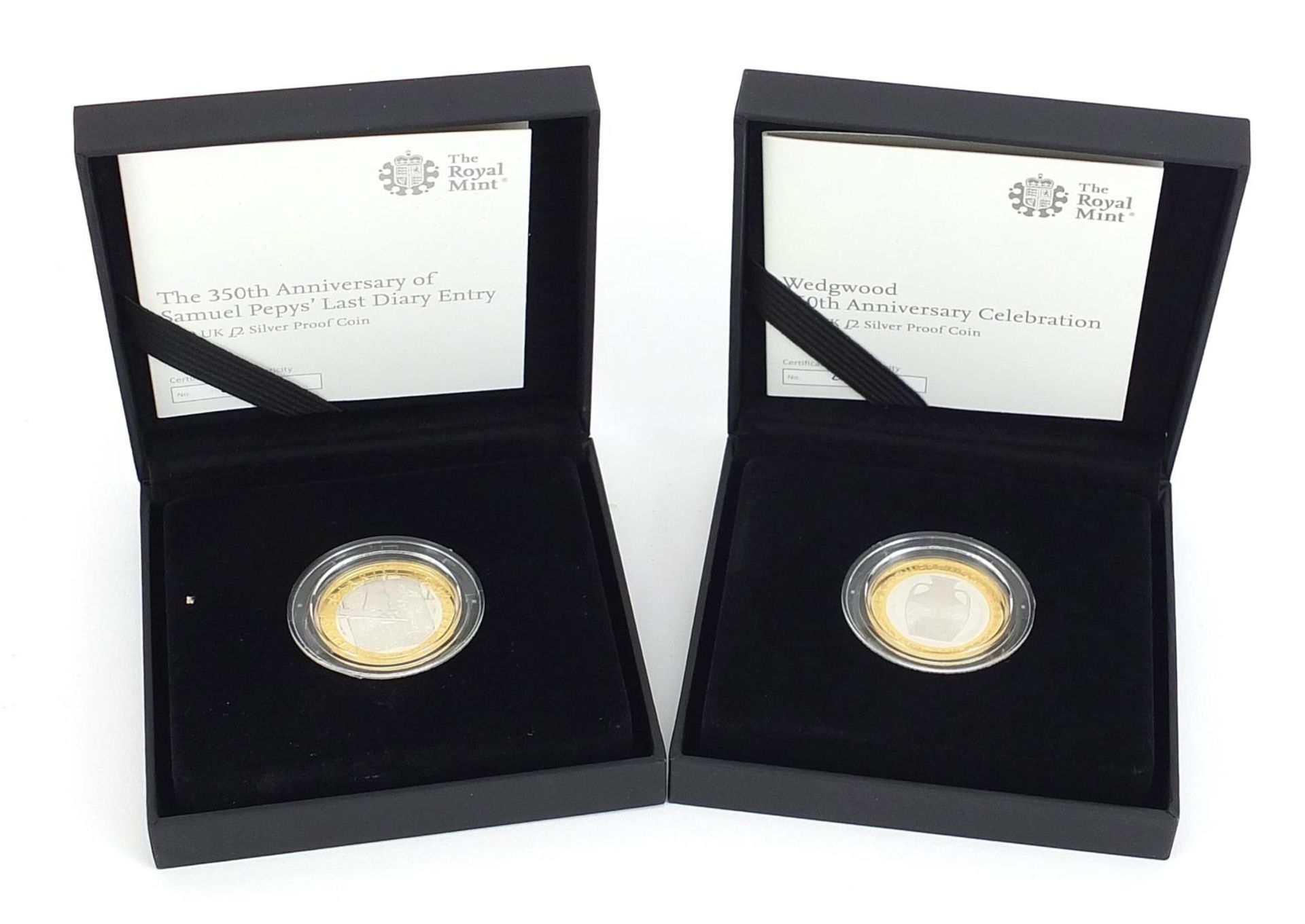 Two silver proof two pound coins commemorating Wedgwood and Samuel Pepys, each with case and box - Image 2 of 5