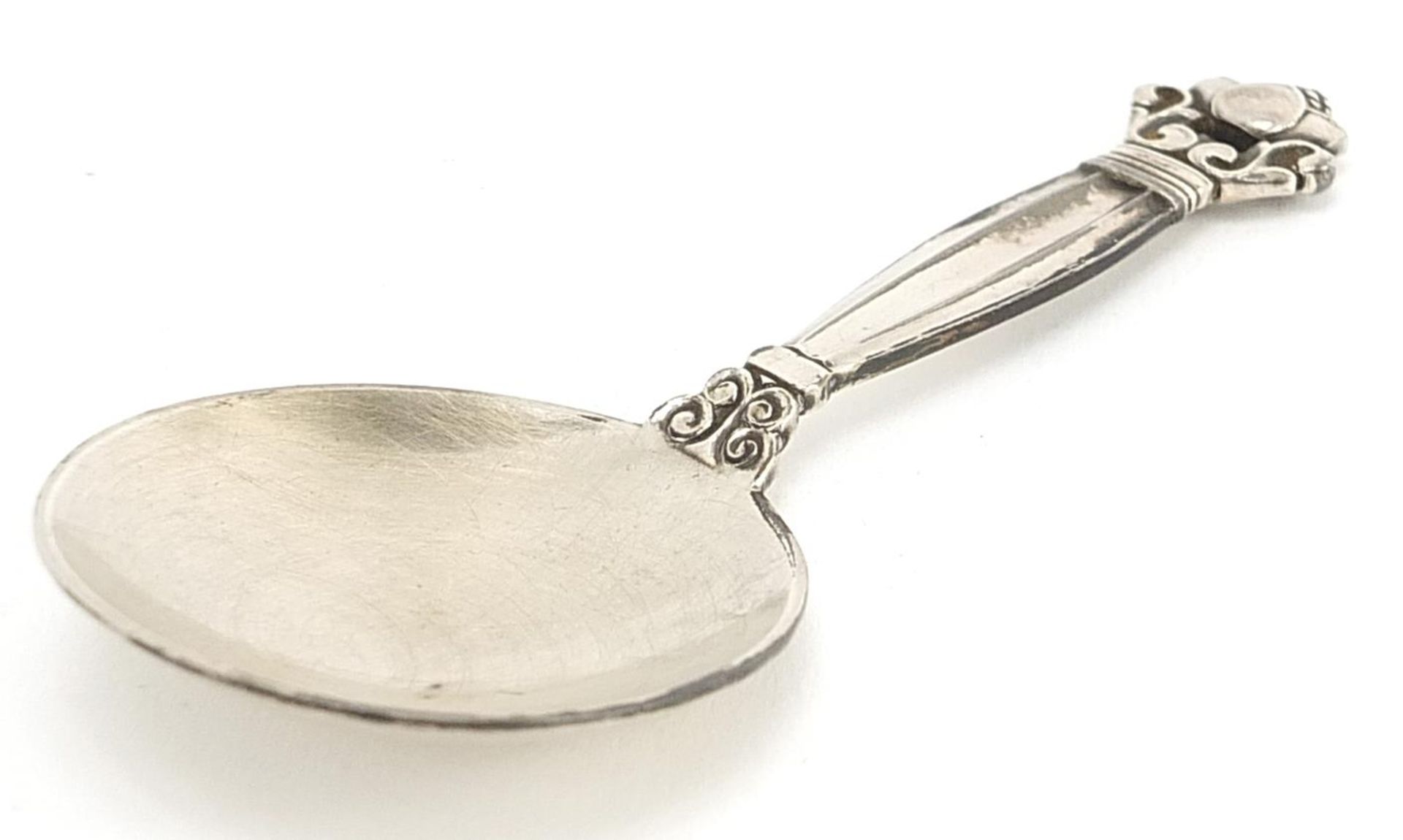 Georg Jensen, Danish silver acorn caddy spoon, London 1948 import marks, 10.5cm in length, 25.2g