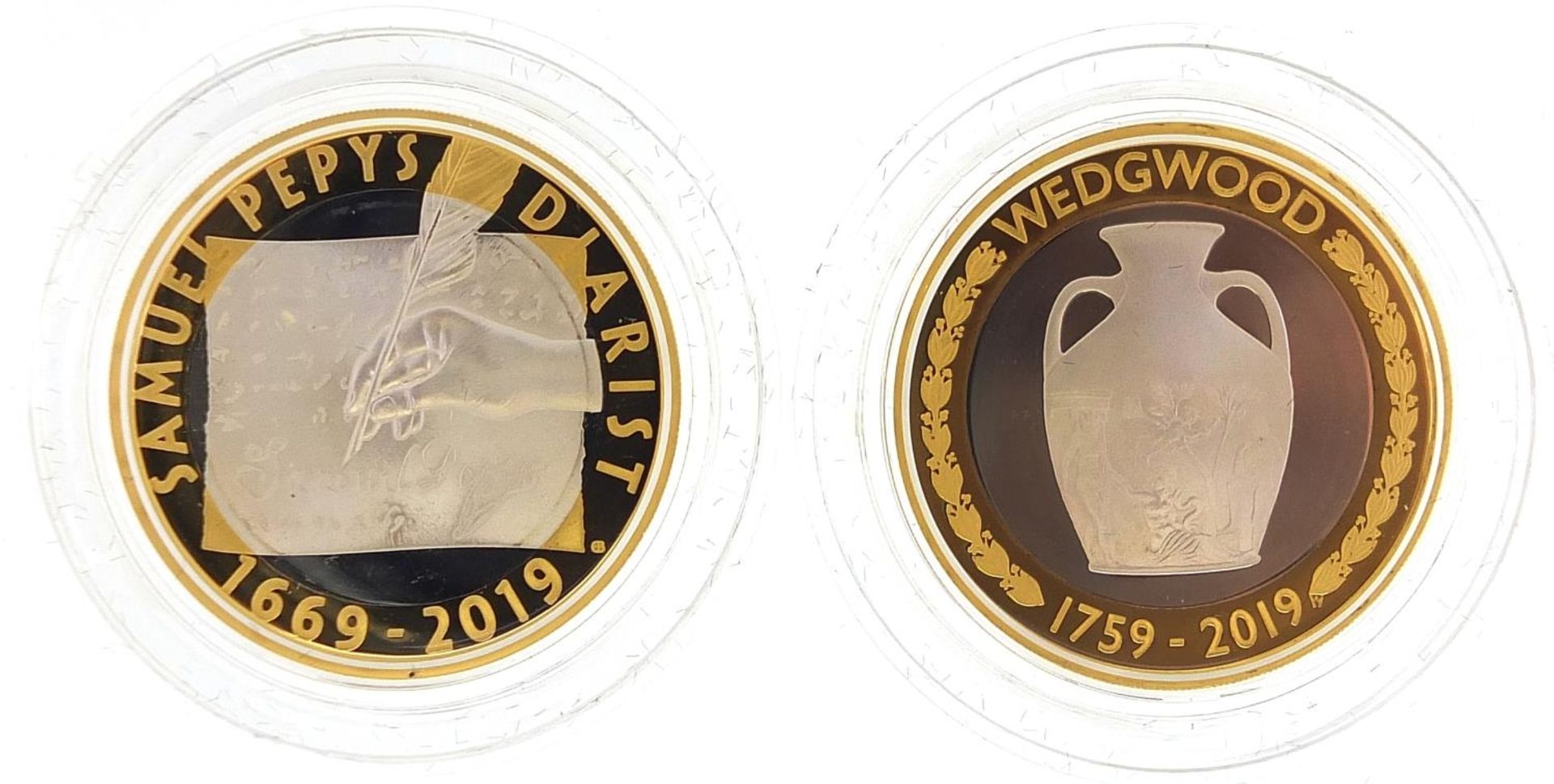 Two silver proof two pound coins commemorating Wedgwood and Samuel Pepys, each with case and box - Image 3 of 5