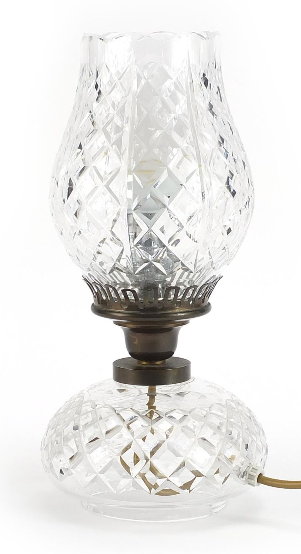 Good quality cut crystal table lamp with shade, probably Waterford, 34cm high