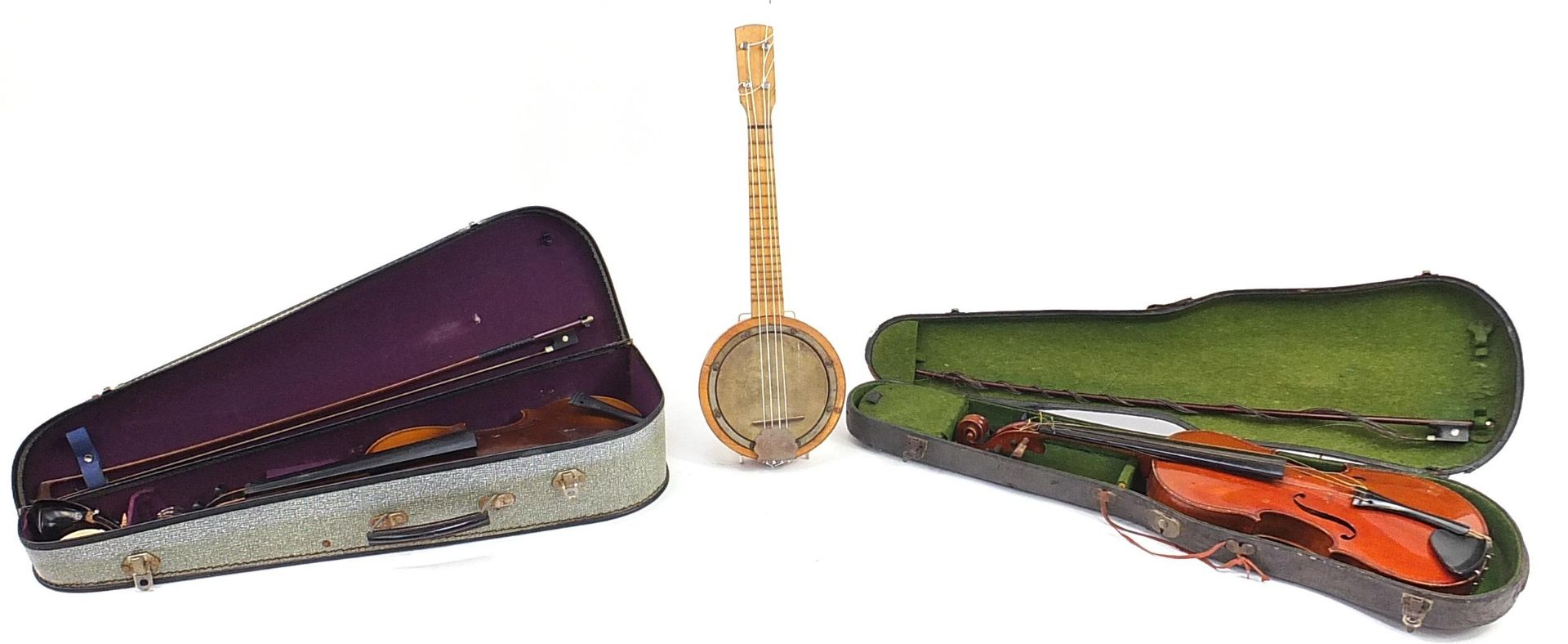 Two old wooden violins with bows and fitted cases and a Marseille banjolele - Image 4 of 5