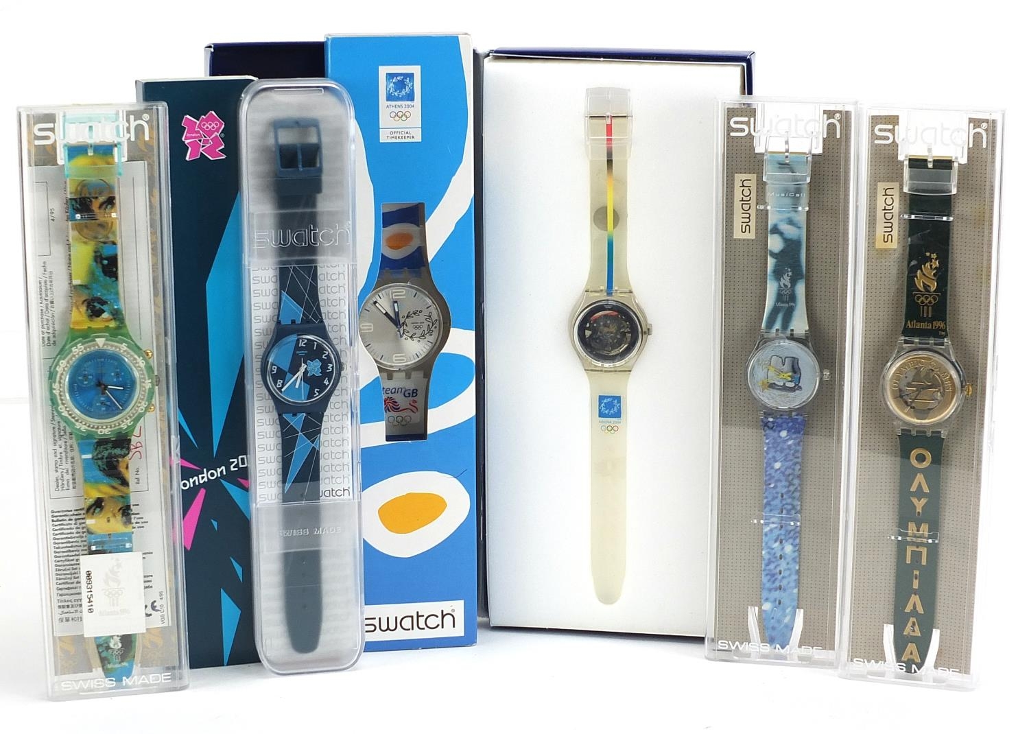 Swatch, six Swatch Collector's Club Olympic wristwatches with boxes and cases