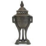 Grand Tour style bronzed urn and cover with three handles, 17.5cm high