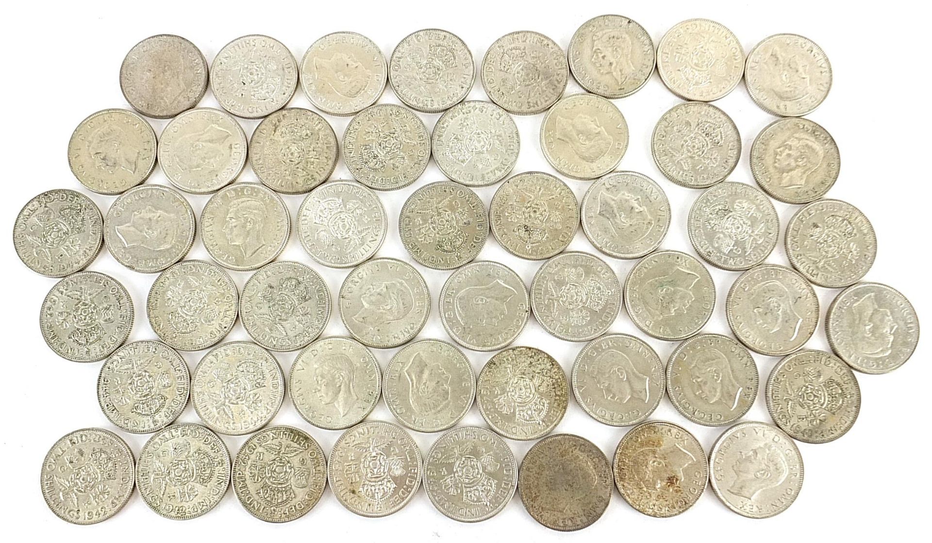 Collection of George VI British pre 1947 two shillings, 566.0g