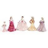 Five collectable figurines including Coalport Ladies of Fashion, the largest 21cm high