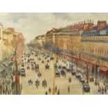 After Camille Pissarro - Busy Parisian street scene with figures, French Impressionist oil on board,