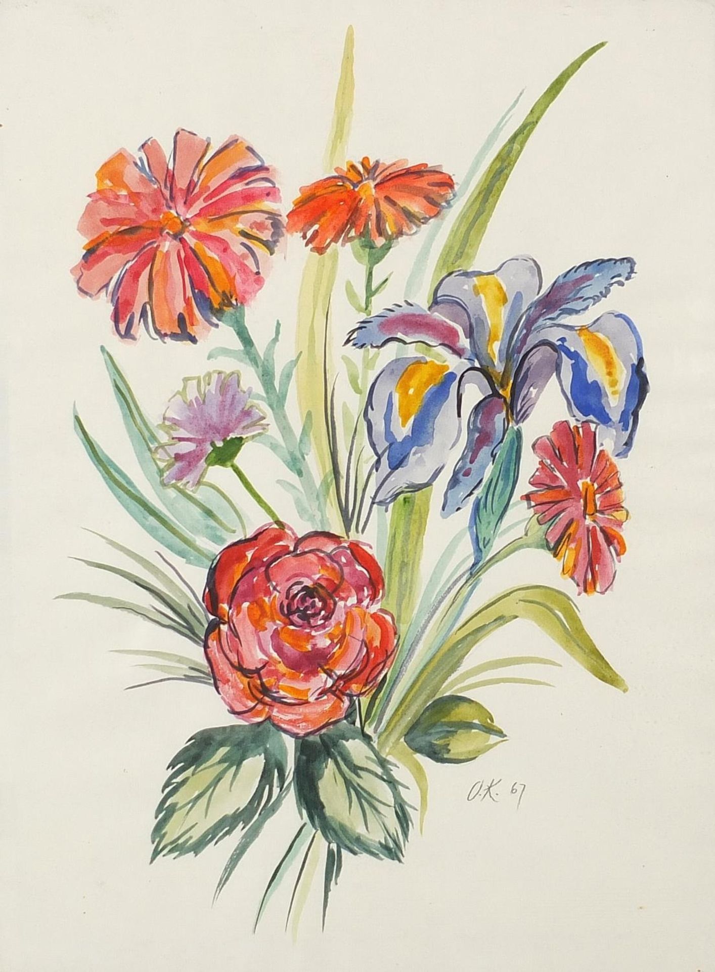 Still life flowers, Russian school watercolour and pencil on paper, framed and glazed, 43cm x 31.5cm