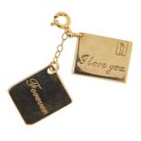 9ct gold I love you and Forever envelope and letter charm, 1.4cm wide, 2.0g