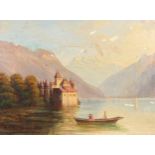 Chillon Castle, Lake Geneva, Switzerland, oil on board, inscribed in ink verso, mounted and