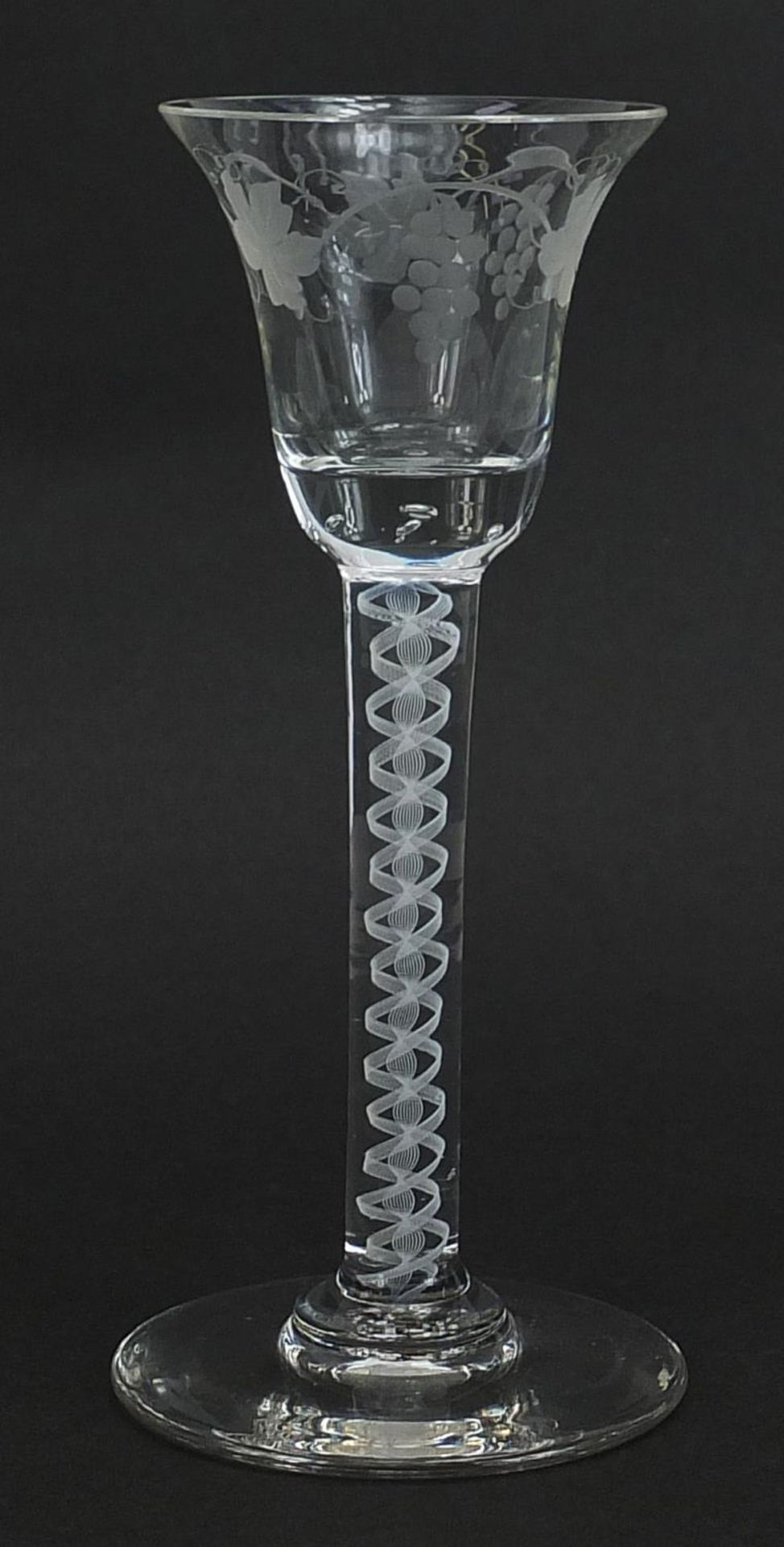 18th century style wine glass with air twist stem and etched bowl, 15.5cm high