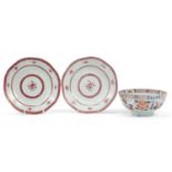 Pair of Chinese porcelain pink monochrome plates hand painted with flowers and an Imari pattern