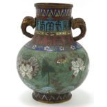 Good Chinese cloisonne vase with gilt brass animalia twin handles finely enamelled with