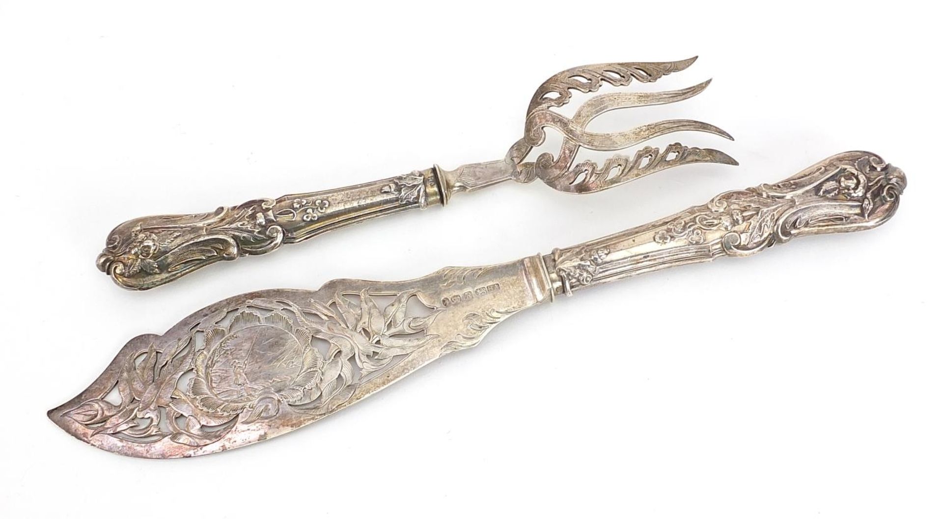 Henry Atkin Brothers, pair of Victorian silver fish servers, the knife engraved with a fisherman, - Image 3 of 4