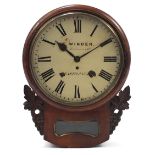 Victorian mahogany drop dial wall clock with fusee movement, the circular painted dial inscribed E