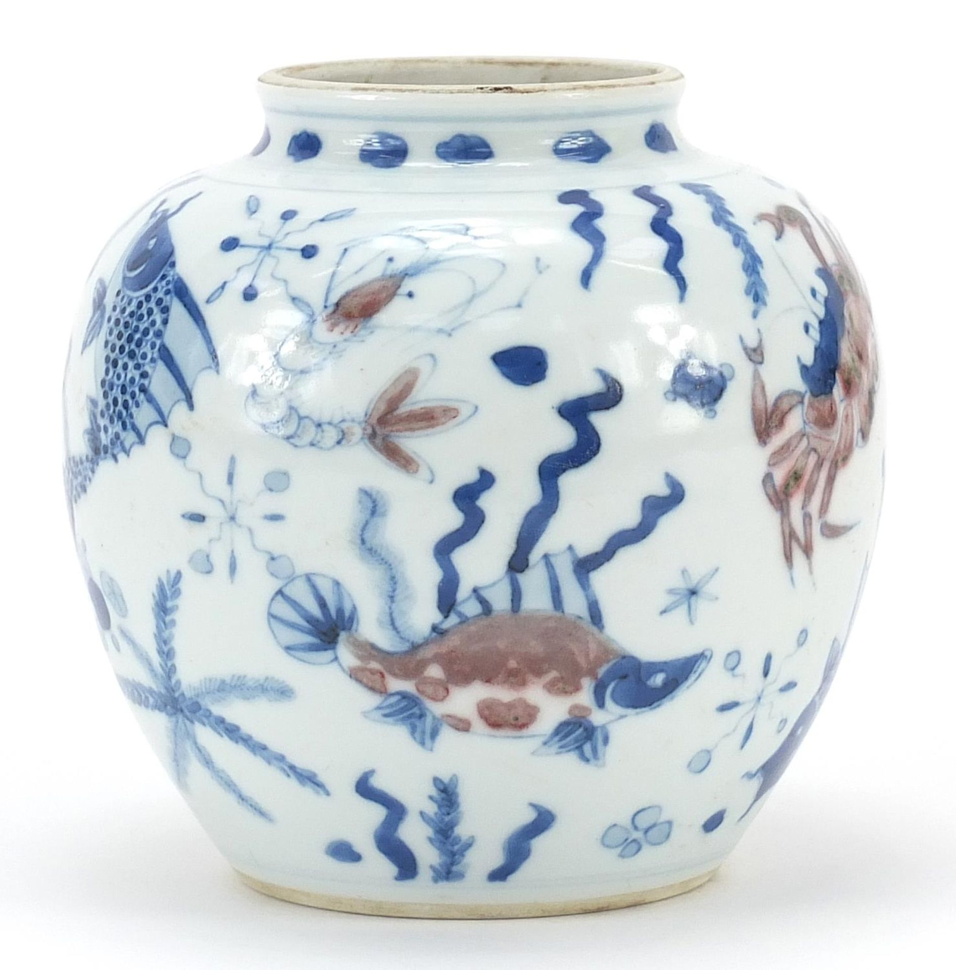 Chinese blue and white with iron red porcelain vase hand painted with fish amongst aquatic life, six - Image 2 of 3