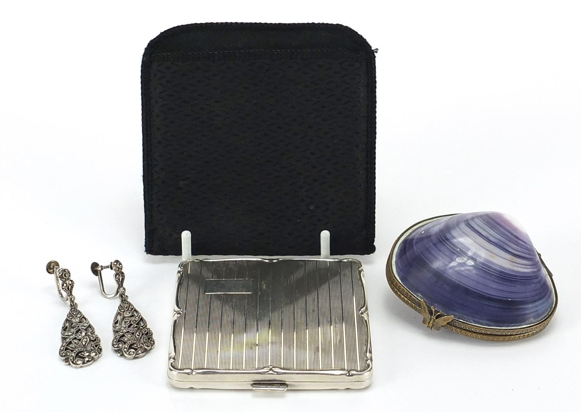 Jewellery and objects comprising pair of silver marcasite drop earrings, white metal compact and