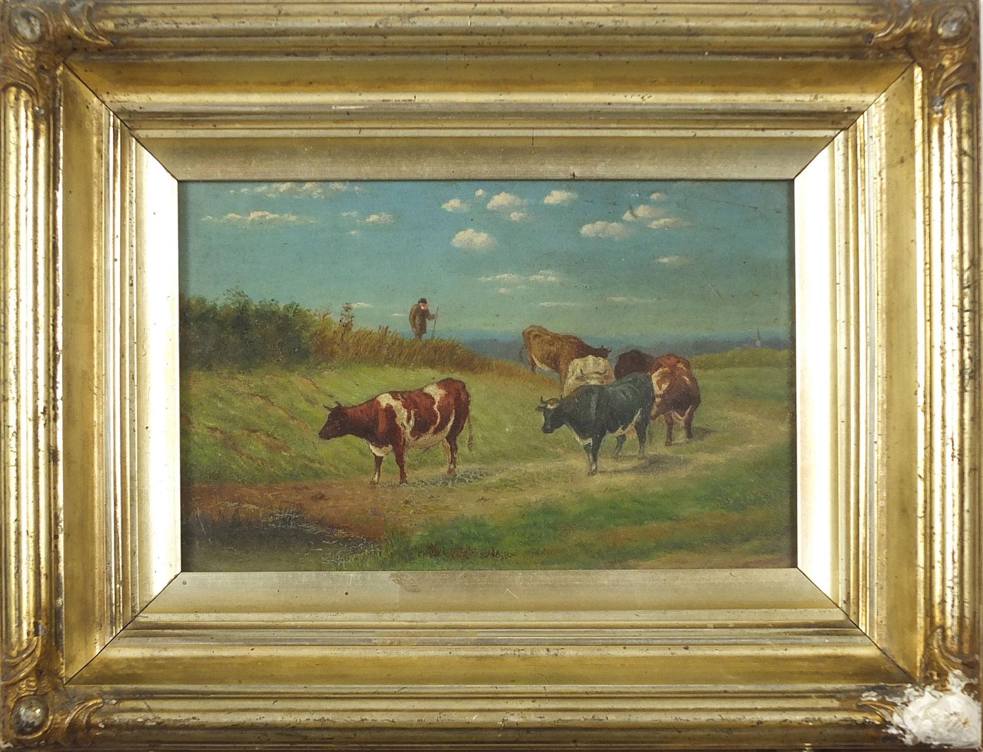 Cattle grazing before landscapes, pair of oil on boards, mounted, framed and glazed, each 22.5cm x - Image 6 of 6