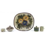 Studio pottery including St Ives Pottery mug and two preserve pots, Chelsea Pottery floral dish by