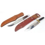 Two Bowie knives with leather sheaths including one with horn handle, impressed Bexfield of