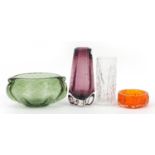 Art glassware including a Whitefriars tangerine dish and green vase with handles and controlled