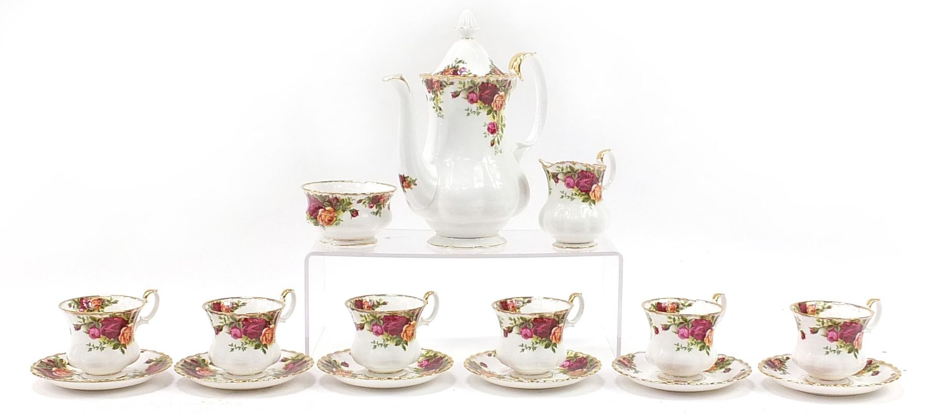 Royal Albert Old Country Roses six place coffee service, the coffee pot 24cm high